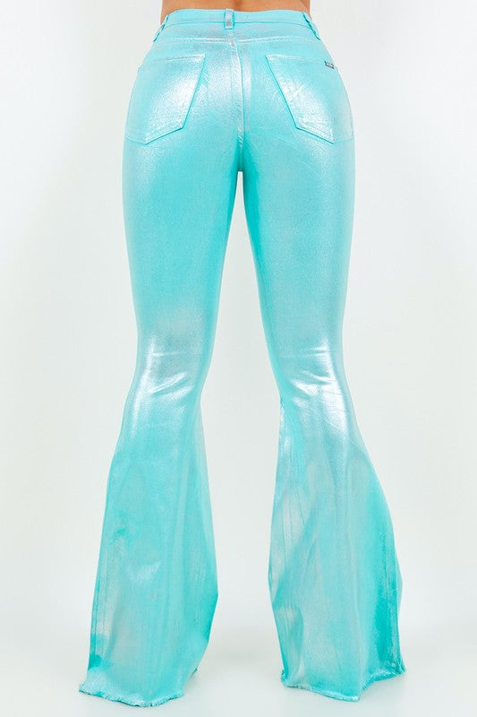 Metallic Bell Bottom Jean in Turquoise -Inseam 34