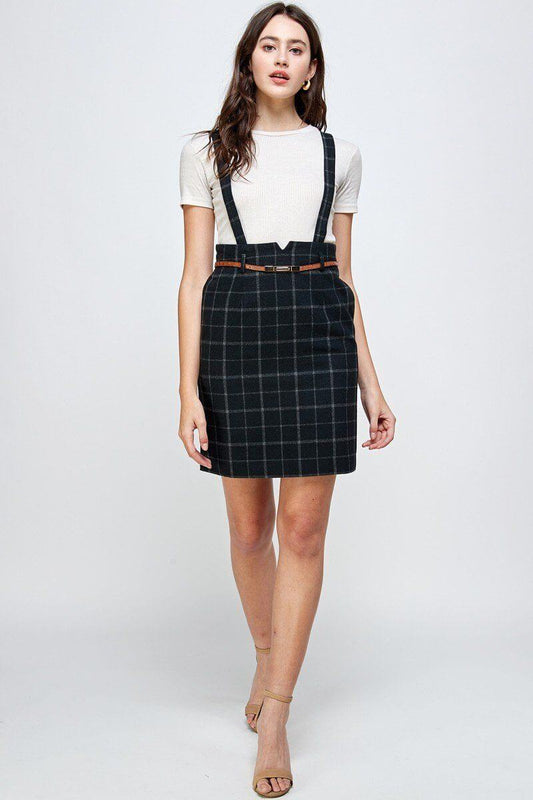 Plaid Suspender Skirt with Belt Detail, high waisted and chic design, perfect for elegant outfits.