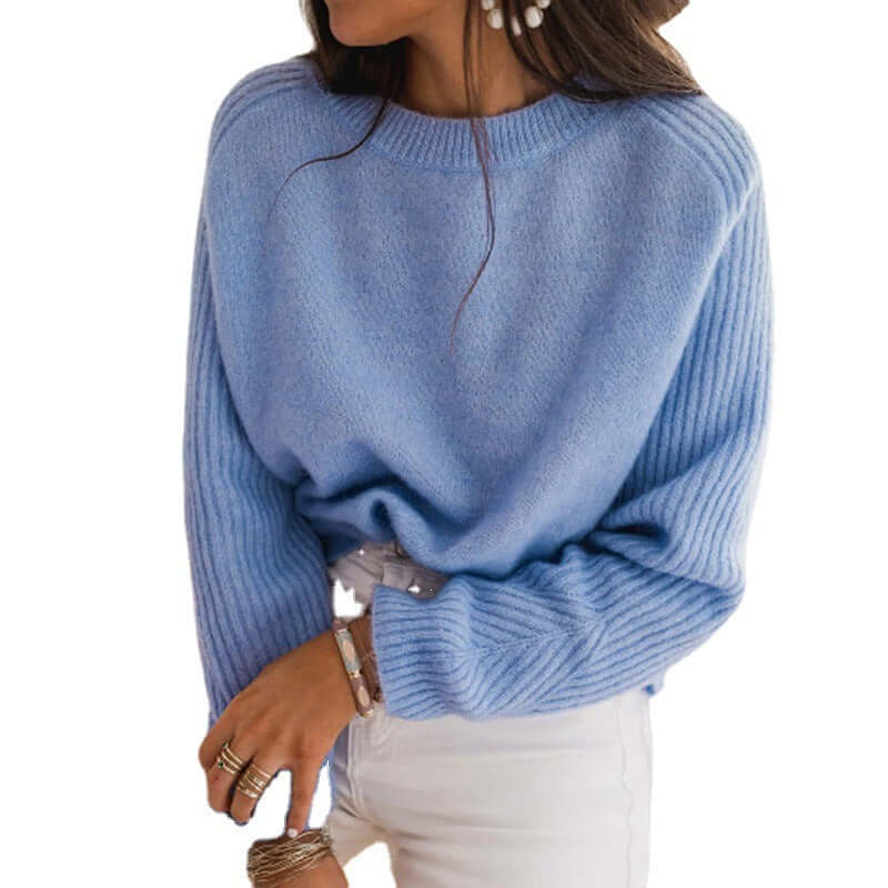 European Milk Blue Bedford Cord Sweater Women's Round-collar Uniqdeal