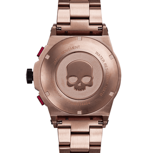 Otto Chrono All Rose Gold Bracelet back view showing skull design and water-resistant features.