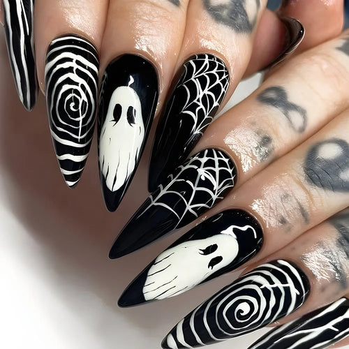 24Pcs Horror Comic Tomie Press on Nails Almond Glossy Black Japanese
