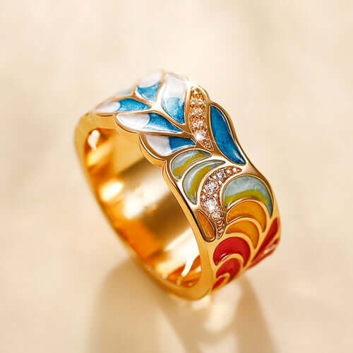 Huitan Handmade Enamel Ring Women Colorful Feather Pattern