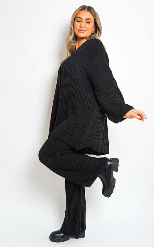 Chunky Knitted Button Up Cardigan Wide Leg Trousers Set