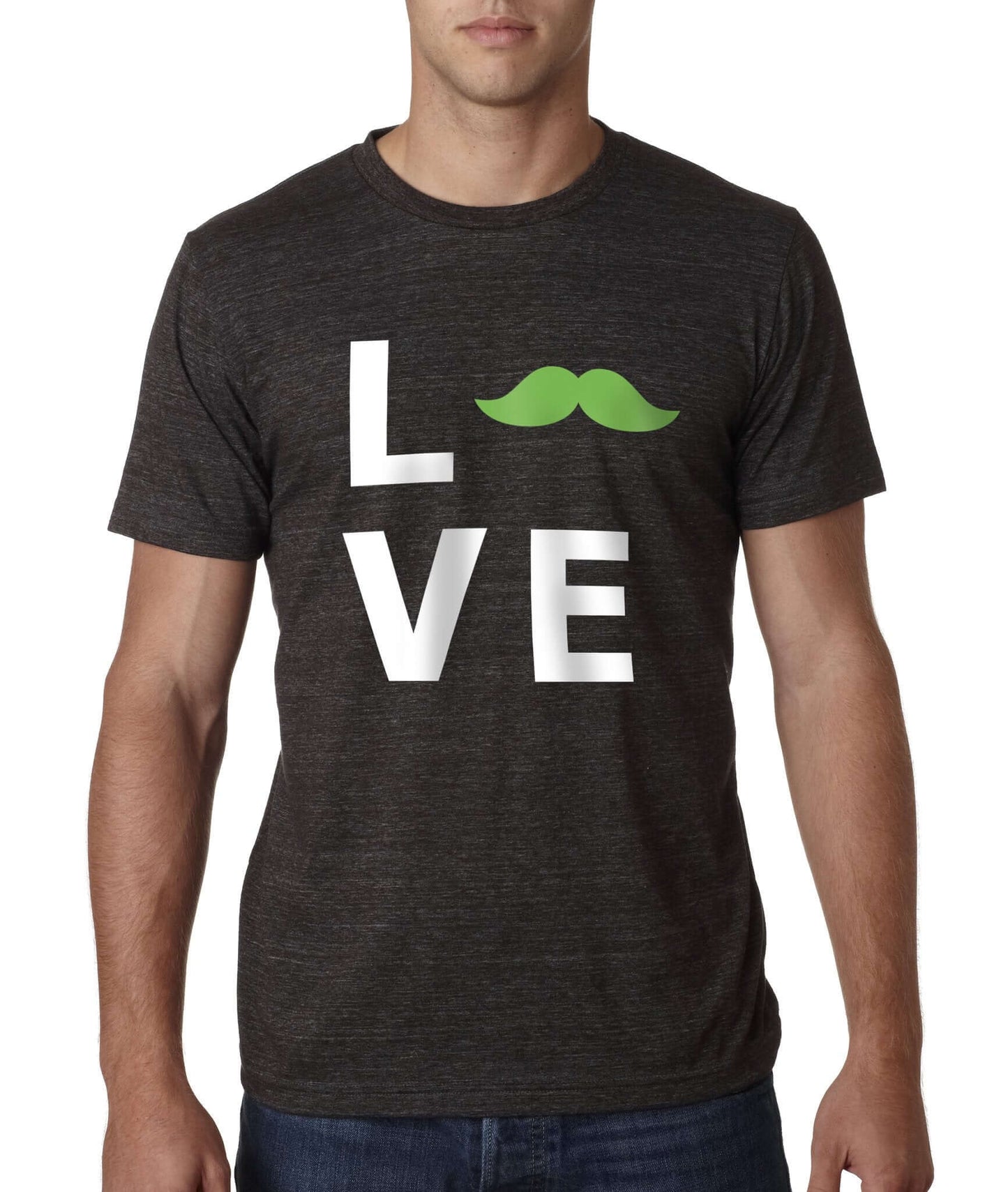 A man wearing a black crewneck tee with the word "Love" and a green mustache graphic.