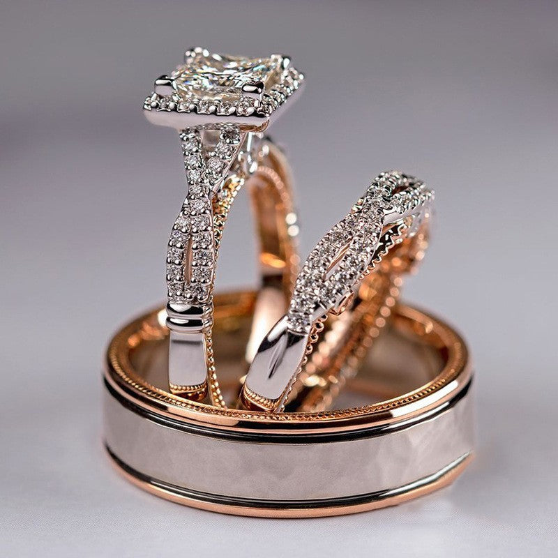 Green Hollow Rose Gold Three-Piece Diamond-Encrusted Zircon Ring Set