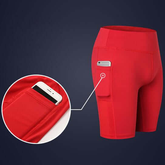 All Seasons Yoga Shorts Stretchable With Phone Pocket in red, showcasing rear phone pocket design.