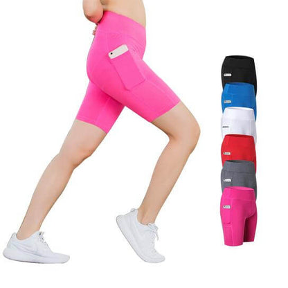 All Seasons Yoga Shorts Stretchable With Phone Pocket in pink with phone pocket, ideal for workouts and casual wear.