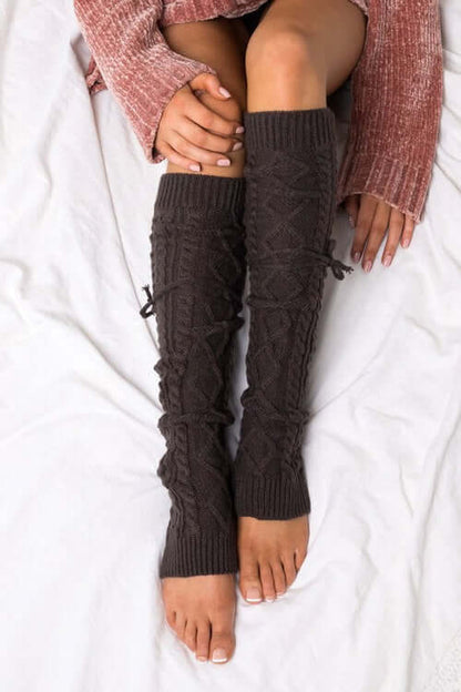 Cable Knit Long Tie Leg Warmer in dark brown, featuring removable ties and cable knit design.