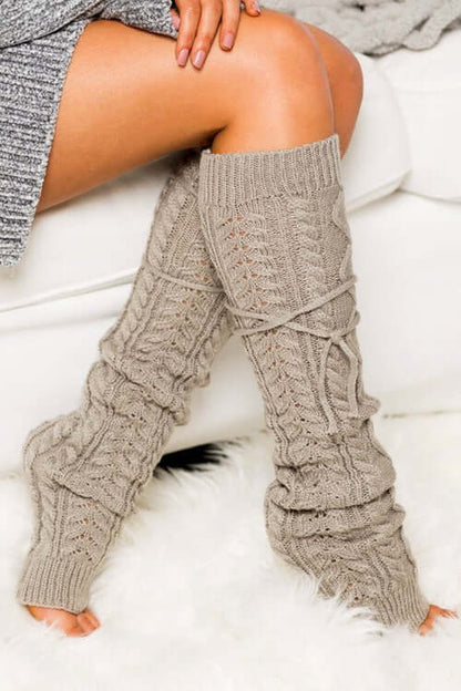 Cable Knit Long Tie Leg Warmer in cozy knit pattern with removable ties, perfect for lounging or casual outings.