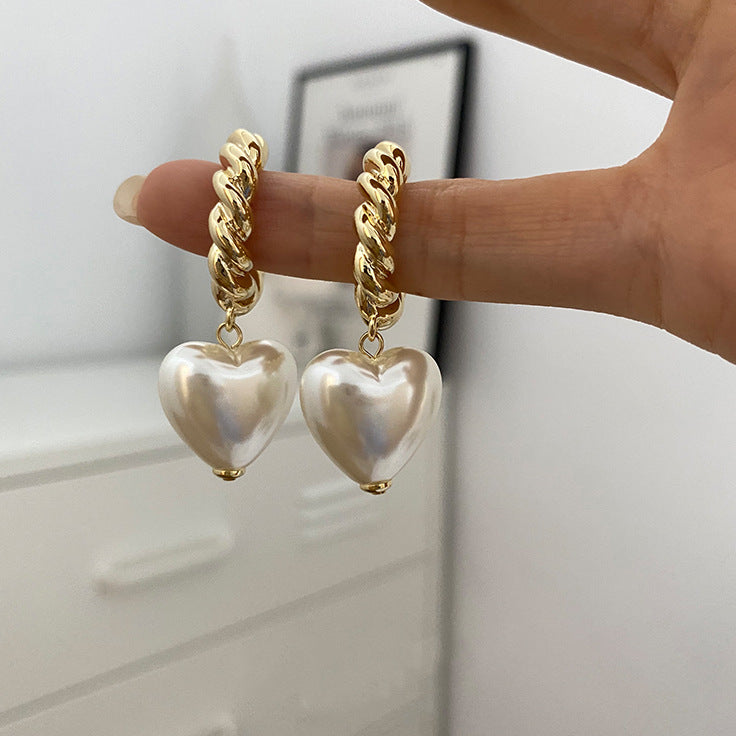 Korean-style Minimalist Twisted-pearl Heart Earrings For Women