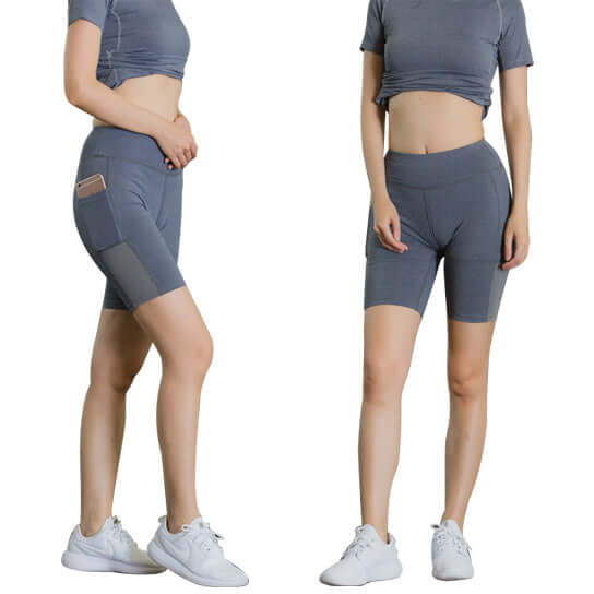 All Seasons Yoga Shorts Stretchable With Phone Pocket displayed on a model in a gym setting.