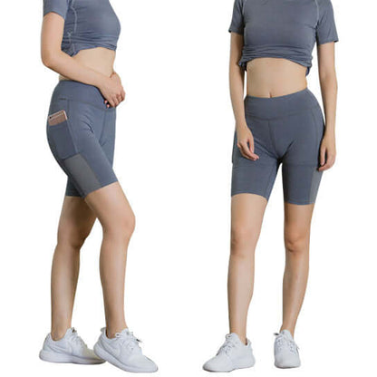 All Seasons Yoga Shorts Stretchable With Phone Pocket displayed on a model in a gym setting.
