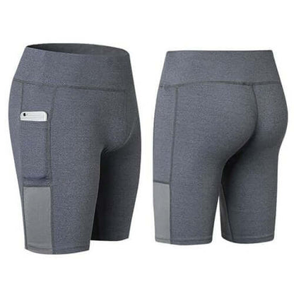 All Seasons Yoga Shorts Stretchable With Phone Pocket front and back view, perfect for workouts and daily activities.