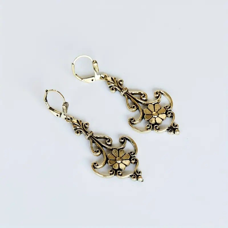 Southeast Asian Bronze-Color Carved Floral Womens Retro Fashion Earrings