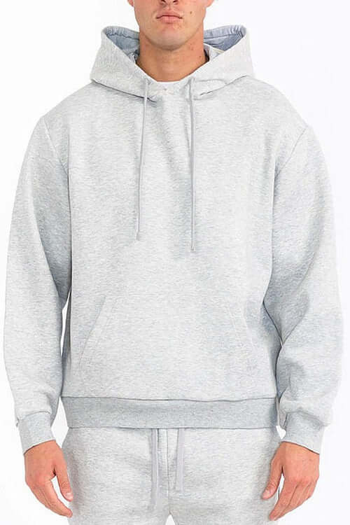 Mens Solid Tech Fleece Hoodie – Comfort Meets Everyday Style, showcasing a model in a light gray hoodie.