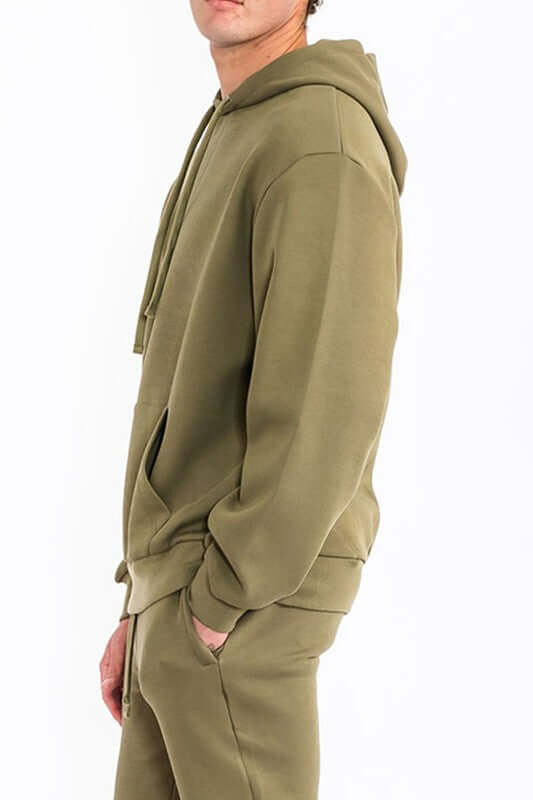 Mens Solid Tech Fleece Hoodie – Comfort Meets Everyday Style in olive green, showcasing a stylish side view.