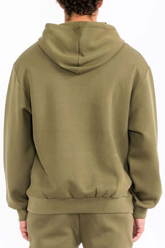 Mens Solid Tech Fleece Hoodie – Comfort Meets Everyday Style back view in olive green color.