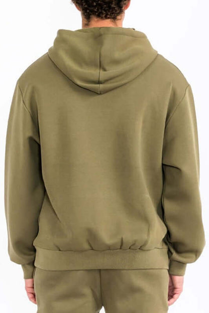 Mens Solid Tech Fleece Hoodie – Comfort Meets Everyday Style back view in olive green color.