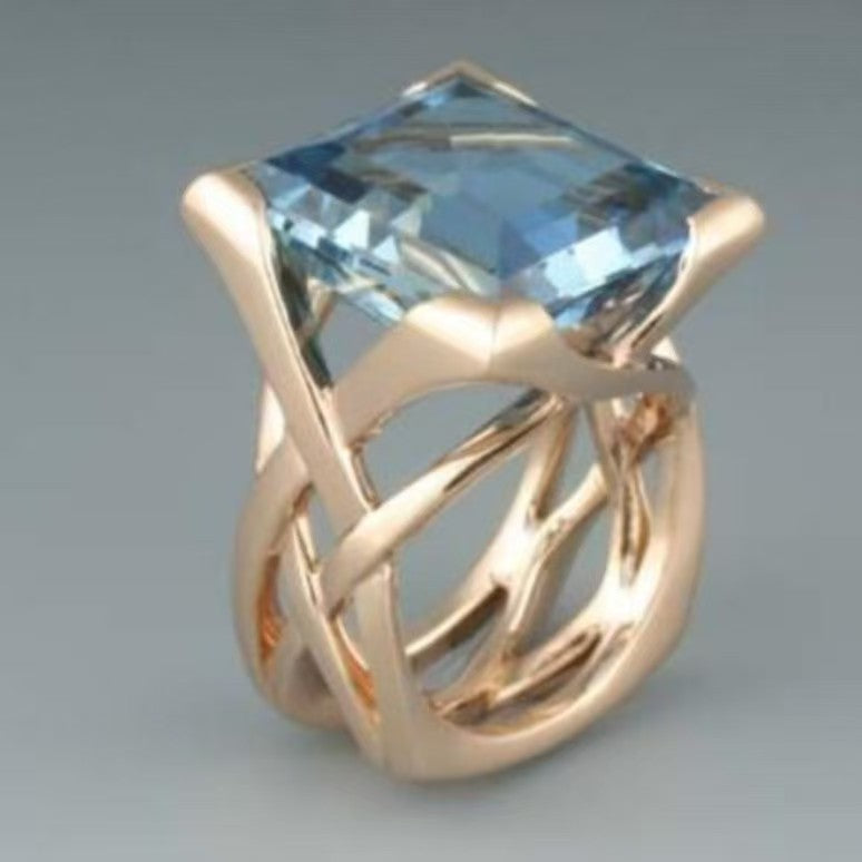 Creative Hollowed-out Gold-inlaid Square Ring With A Blue Stone
