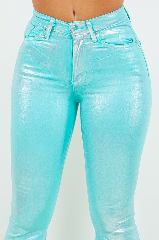 Metallic Bell Bottom Jean in Turquoise -Inseam 34