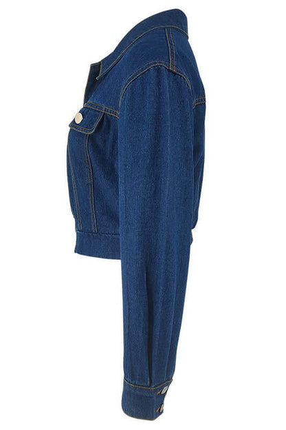 WOMEN FASHION DENIM JACKET featuring a side view of a chic, casual hobo jeans jacket in dark blue.