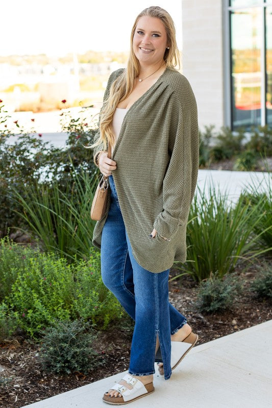 Knit Drop Shoulder Open Front Plus Size Cardigan