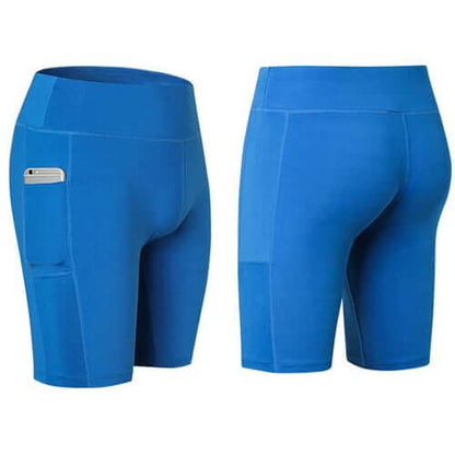 All Seasons Yoga Shorts Stretchable With Phone Pocket in blue, featuring a side pocket for phone storage.