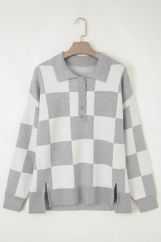 Plus Size Checker Buttoned Polo Collar Sweater