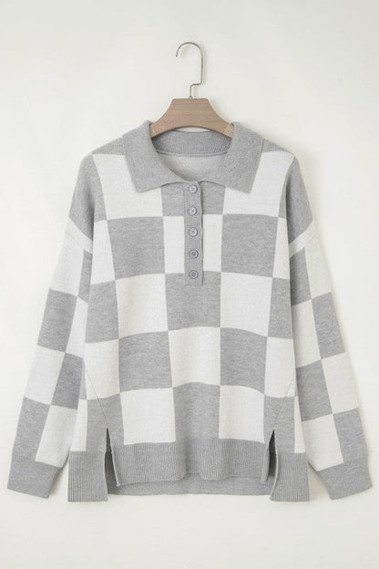 Plus Size Checker Buttoned Polo Collar Sweater