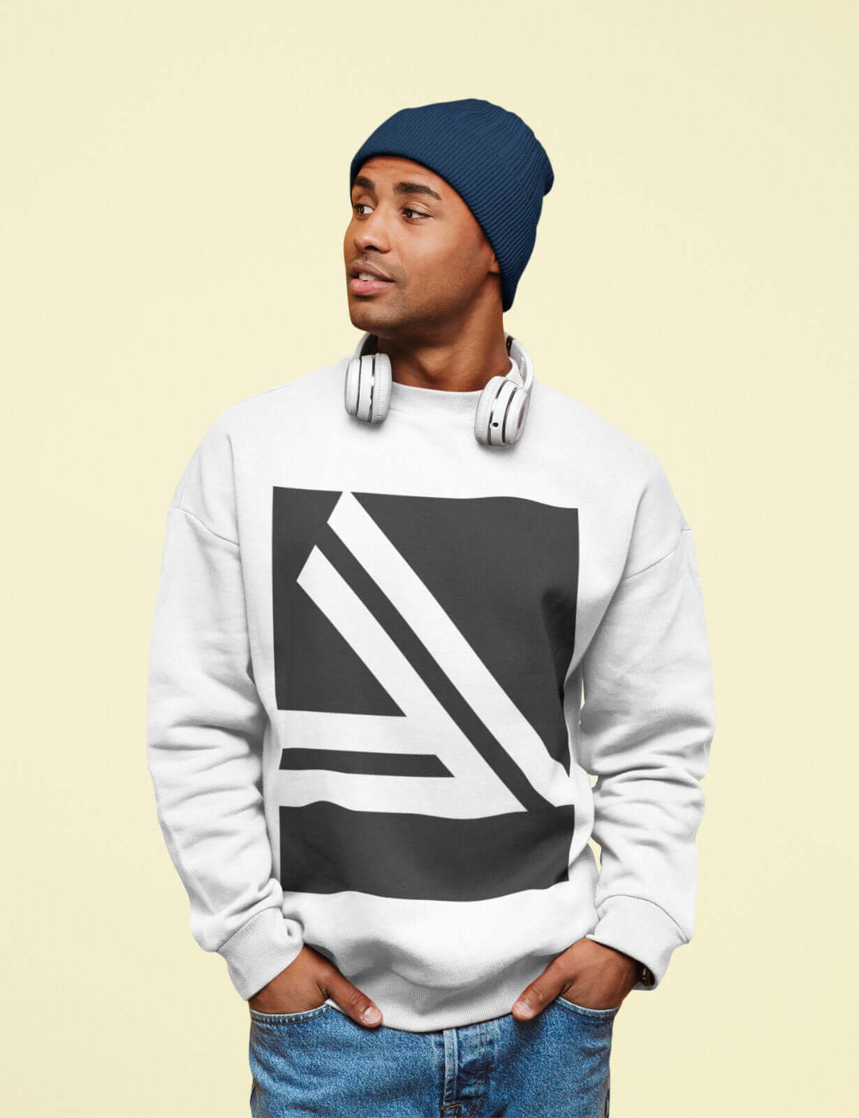 Men's Double Slanted Logo Crewneck Sweatshirt worn by a young man with headphones and a beanie.