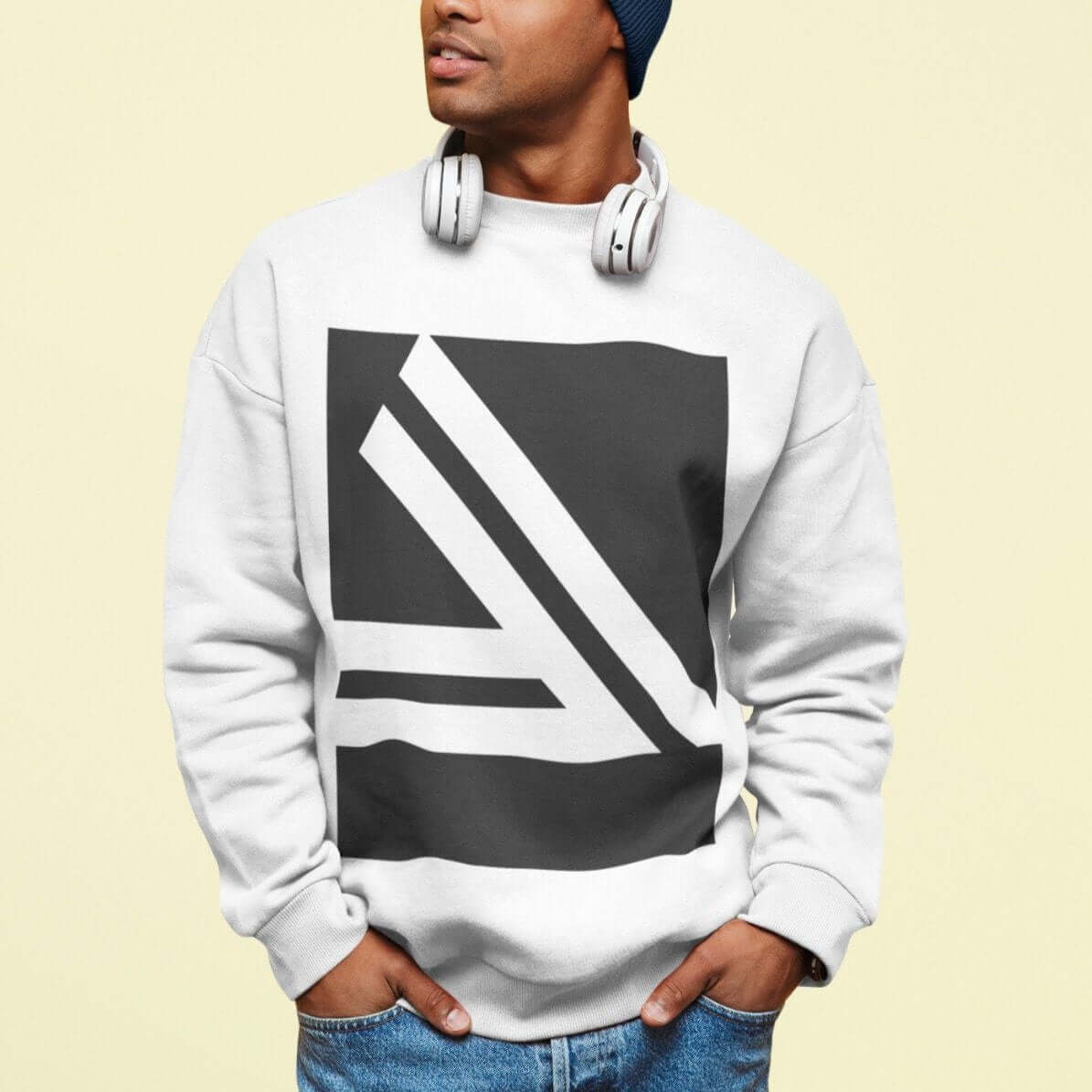 Men's Double Slanted Logo Crewneck Sweatshirt worn by a model with headphones on a light background.