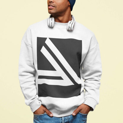 Men's Double Slanted Logo Crewneck Sweatshirt worn by a model with headphones on a light background.