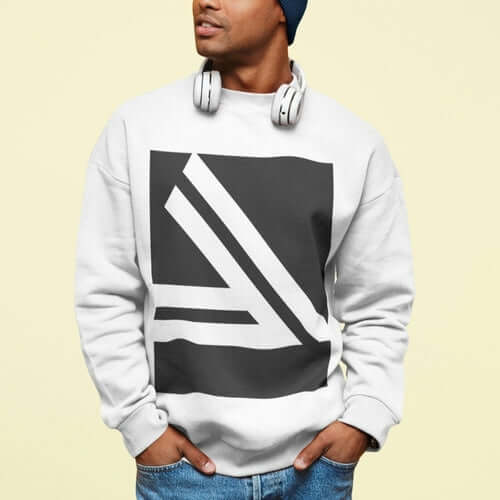 Men's Double Slanted Logo Crewneck Sweatshirt featuring a stylish gray and white design on a model.