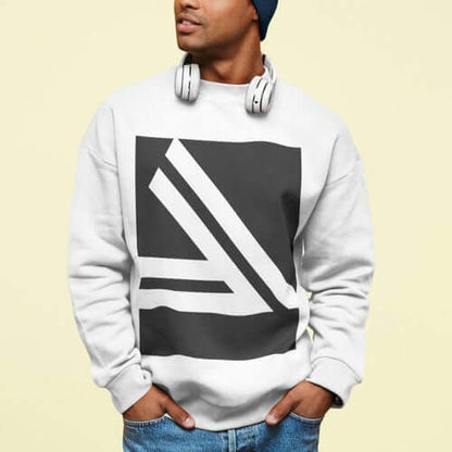 Men's Double Slanted Logo Crewneck Sweatshirt featuring a stylish gray and white design on a model.