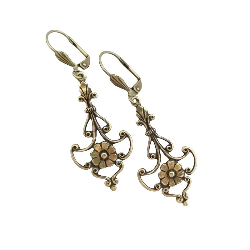 Southeast Asian Bronze-Color Carved Floral Womens Retro Fashion Earrings