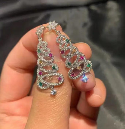 New Full Inlaid Colorful Zircon Christmas Tree Tassel Earrings Women's