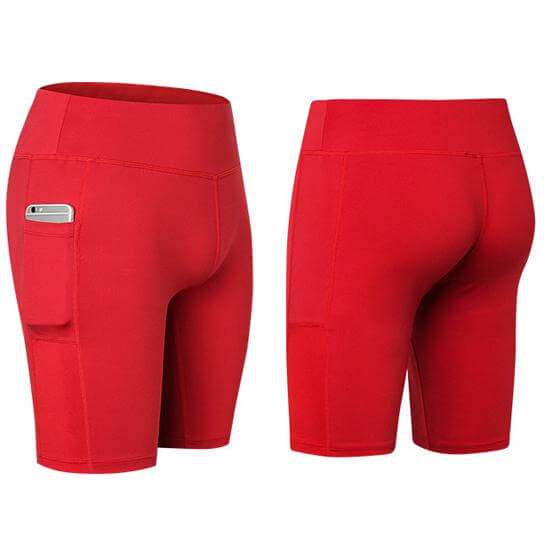 All Seasons Yoga Shorts Stretchable With Phone Pocket in vibrant red color, perfect for workouts and casual wear.