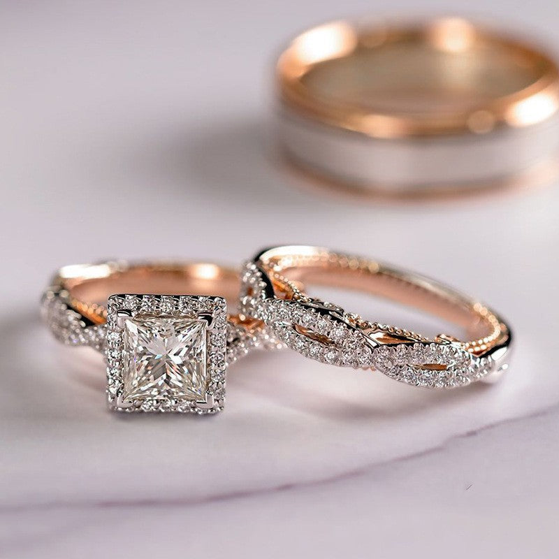 Green Hollow Rose Gold Three-Piece Diamond-Encrusted Zircon Ring Set