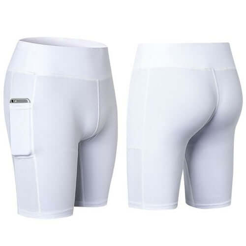 All Seasons Yoga Shorts Stretchable With Phone Pocket in white, front and back view showing pocket design.