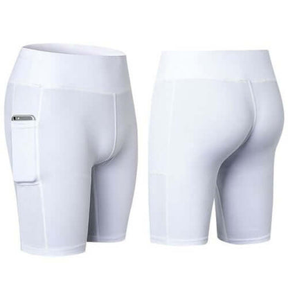 All Seasons Yoga Shorts Stretchable With Phone Pocket in white, front and back view showing pocket design.