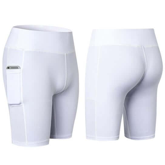 All Seasons Yoga Shorts Stretchable With Phone Pocket in white, featuring a side pocket for storing essentials.