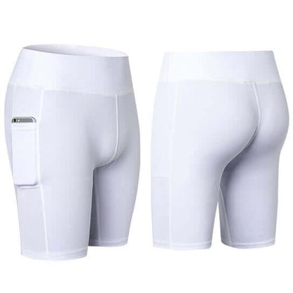 All Seasons Yoga Shorts Stretchable With Phone Pocket in white, featuring a side pocket for storing essentials.