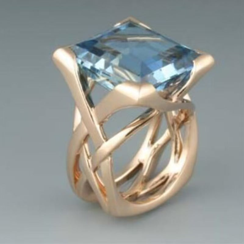 Creative Hollowed-out Gold-inlaid Square Ring With A Blue Stone