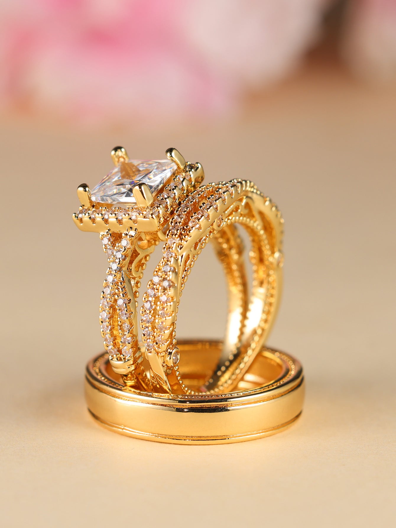 Green Hollow Rose Gold Three-Piece Diamond-Encrusted Zircon Ring Set