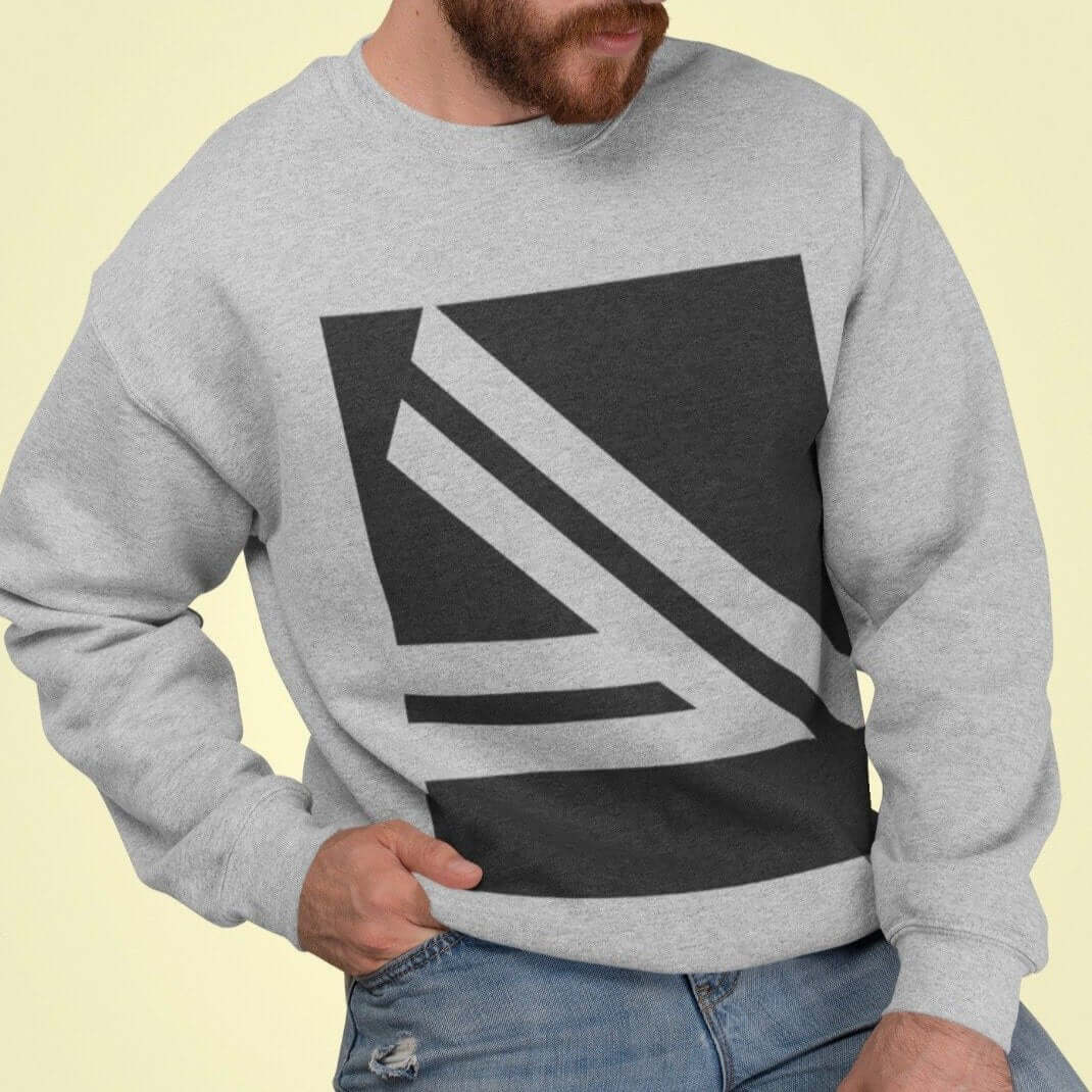 Men's Double Slanted Logo Crewneck Sweatshirt in gray on model, showcasing stylish and comfortable design.