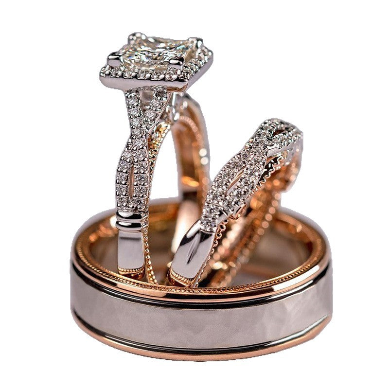 Green Hollow Rose Gold Three-Piece Diamond-Encrusted Zircon Ring Set