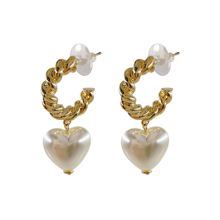 Korean-style Minimalist Twisted-pearl Heart Earrings For Women