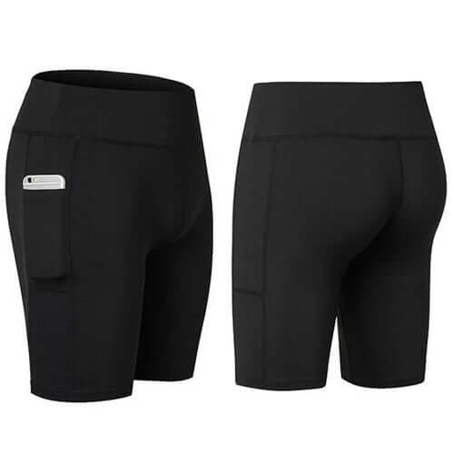 All Seasons Yoga Shorts Stretchable With Phone Pocket for workouts, featuring a side pocket for convenience.
