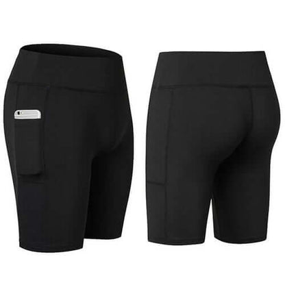 All Seasons Yoga Shorts Stretchable With Phone Pocket for workouts, featuring a side pocket for convenience.