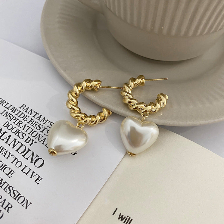Korean-style Minimalist Twisted-pearl Heart Earrings For Women